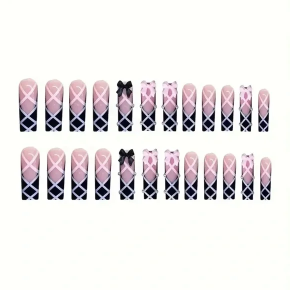 Elegant Pink & Black handmade acrylic Nail Art ballet long length reusable NWT - Picture 3 of 9